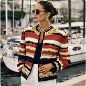 Vtg Adriana Papell Sz 6 100% Silk Gold Chain Couture LS Metal Btns Short Jacket